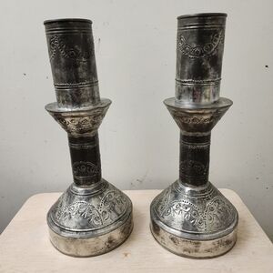 Vintage Lg Tin Candlesticks Mexico Folk Art Boho Ethnic Chic World Travel